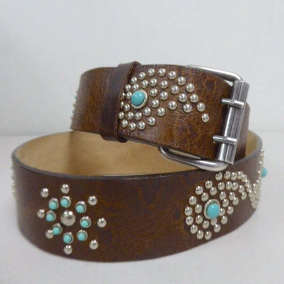 Streets Ahead leather belt brown studded turquoise paisley silver buckle L USA main image 10
